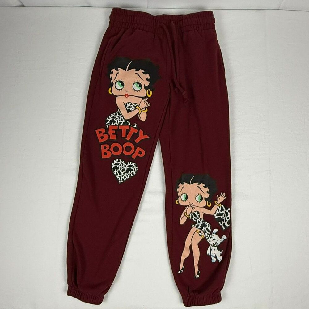 Betty Boop Graphic Fleece Burgundy Jogger Pants - XS